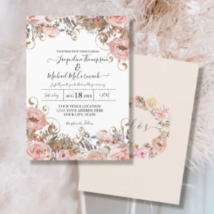 Invitation Aquarelle rose pâle à l'automne bleu Rose or