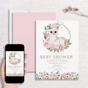 Invitation Aquarelle rose pâle Baby shower de lama florale