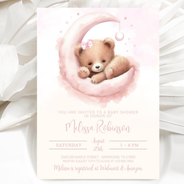 Invitation Aquarelle rose pâle Baby shower fille ours (Sweet watercolor baby girl bear with pink bow. Simply add your event details.)
