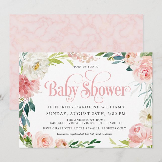 Invitation Aquarelle rose pâle Baby shower Floral Girl (Devant / Derrière)