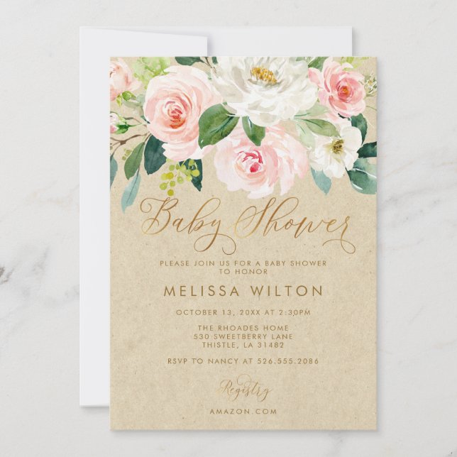 Invitation Aquarelle rose pâle Baby shower Kraft Floral (Devant)