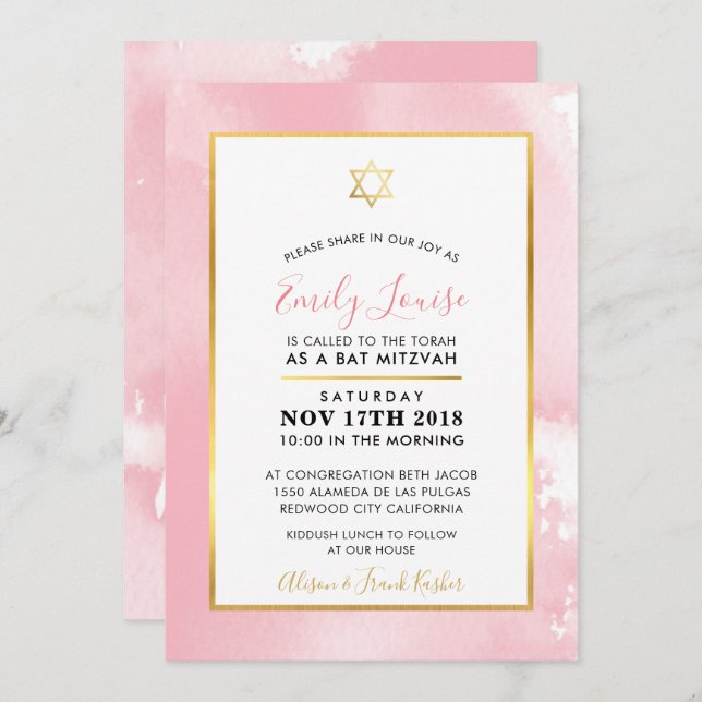 Invitation Aquarelle rose pâle bat mitzvah étoile or invitati (Devant / Derrière)