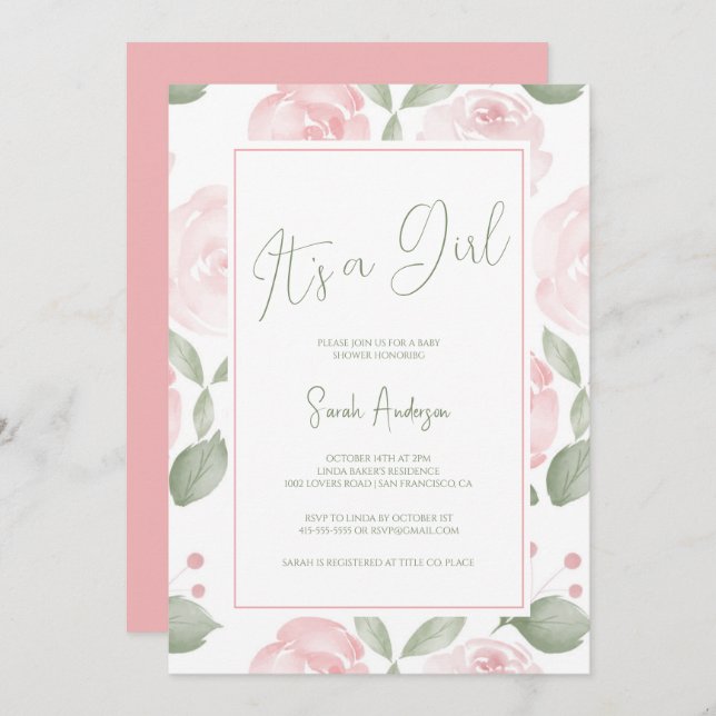 Invitation Aquarelle rose pâle C'est un Baby shower fille (Devant / Derrière)