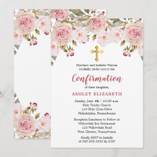 Invitation Aquarelle rose pâle Confirmation Florale Girl