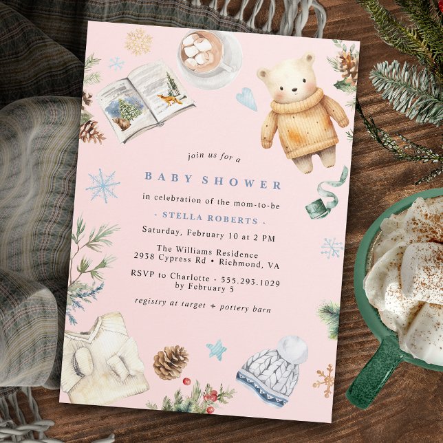 Invitation Aquarelle rose pâle Couleur d'hiver Baby shower po (Créateur téléchargé)