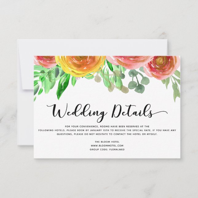 Invitation Aquarelle rose pâle Détails du Mariage Floral Info (Devant)
