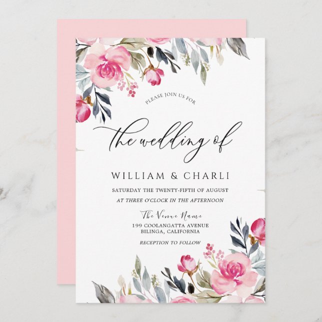 Invitation Aquarelle rose pâle Divine Mariage Floral (Devant / Derrière)