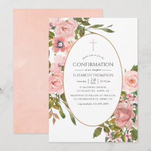 Invitation Aquarelle rose pâle et or Rose Confirmation