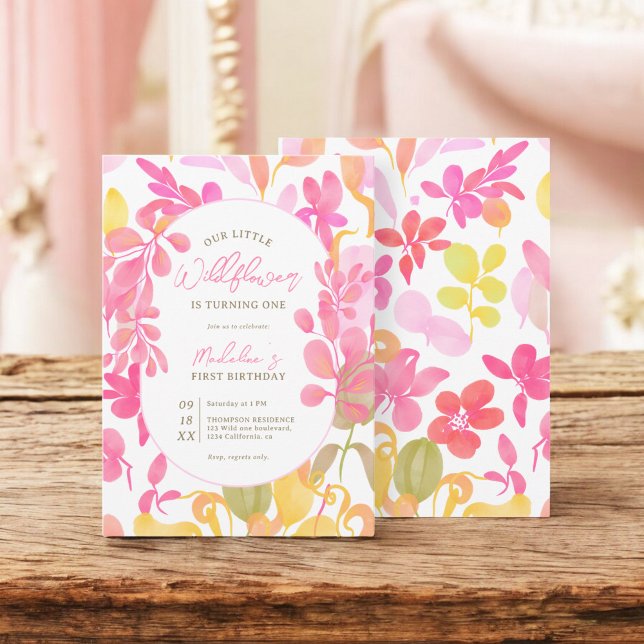 Invitation Aquarelle rose pâle fleur sauvage 1er anniversaire (Cute pink green watercolor wildflower 1st birthday invitation)