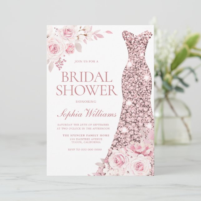 Invitation Aquarelle rose pâle Fleurs Robe Fête des mariées (Debout devant)