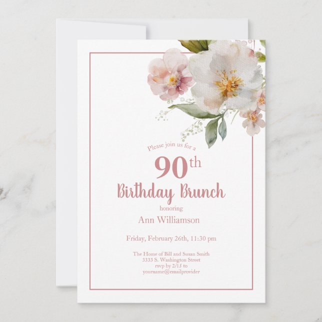 Invitation Aquarelle rose pâle Floral 90e Brunch d'anniversai (Devant)