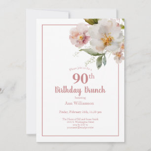 Invitation Aquarelle rose pâle Floral 90e Brunch d'anniversai