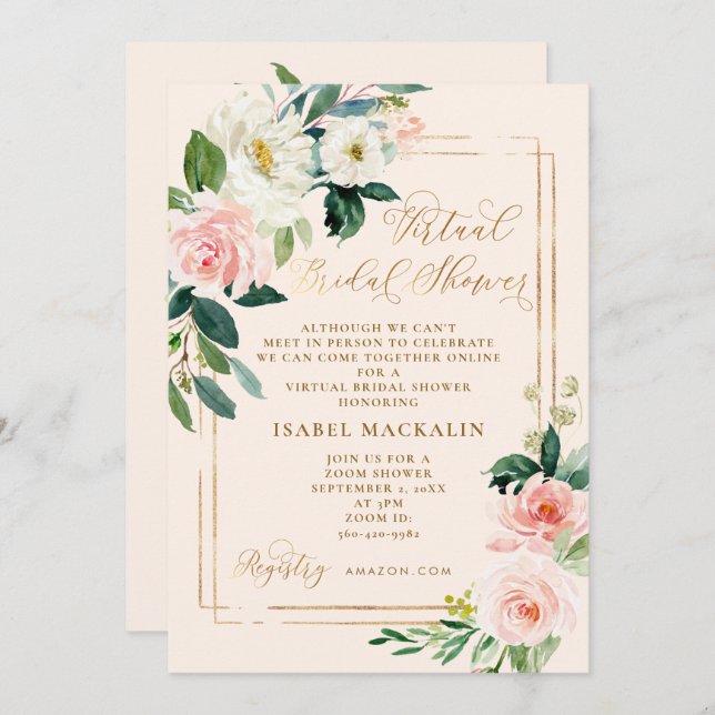 Invitation Aquarelle rose pâle Floral Fête des mariées virtue (Devant / Derrière)