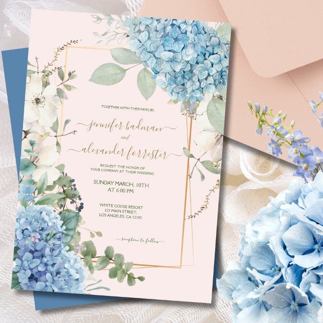 Invitation Aquarelle rose pâle Hydrangea Mariage bleu foncé (Créateur téléchargé)