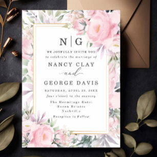 Invitation Aquarelle rose pâle Mariage de monogramme floral
