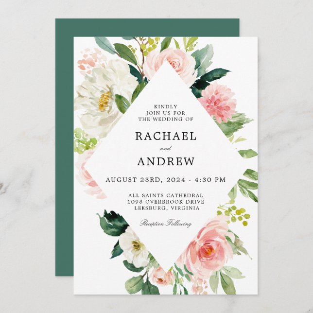 Invitation Aquarelle rose pâle Mariage Floral (Devant / Derrière)