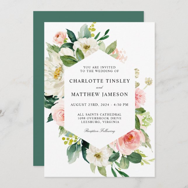 Invitation Aquarelle rose pâle Mariage Floral (Devant / Derrière)