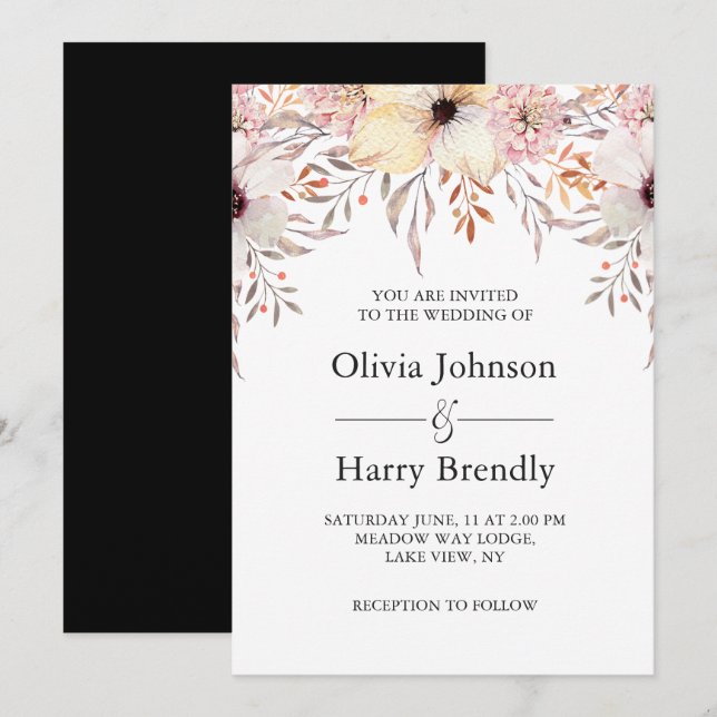 Invitation Aquarelle rose pâle Mariage Floral (Devant / Derrière)