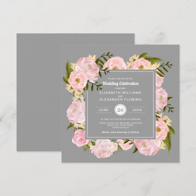 Invitation Aquarelle rose pâle Mariage gris (Devant / Derrière)