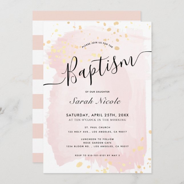 Invitation Aquarelle rose pâle or éclaboussures filles Baptêm (Devant / Derrière)