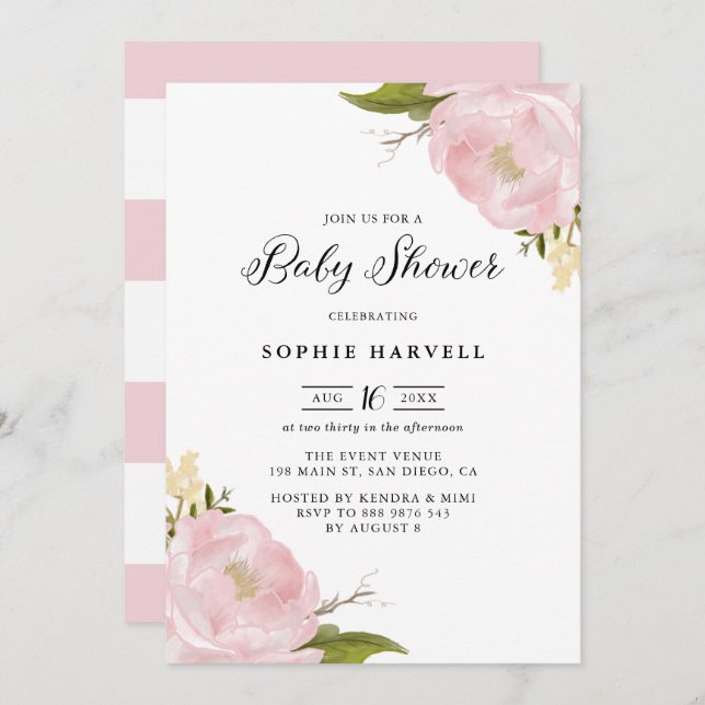 Invitation Aquarelle rose pâle Peonies Joli Baby shower (Devant / Derrière)