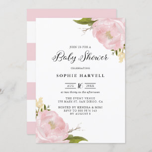 Invitation Aquarelle rose pâle Peonies Joli Baby shower