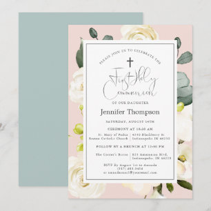 Invitation Aquarelle rose pâle Première communion florale