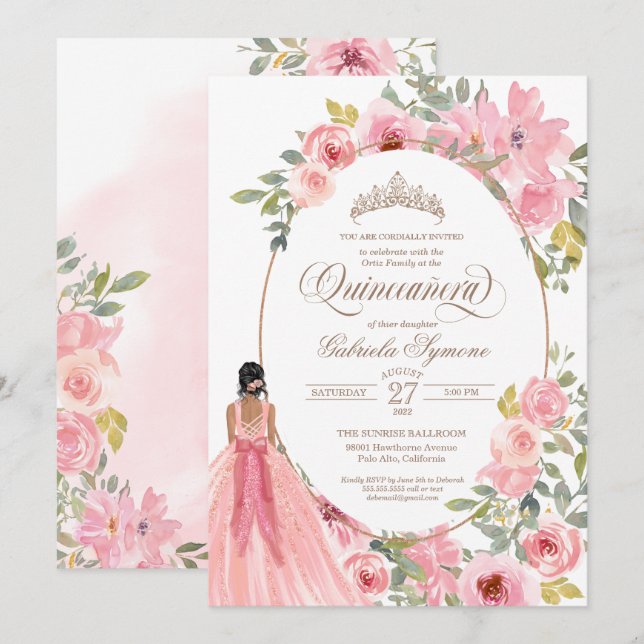 Invitation Aquarelle rose pâle Quinceanera (Devant / Derrière)