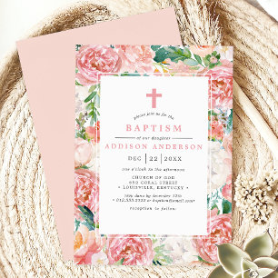 Invitation Aquarelle rose pâle Rose Baptême floral