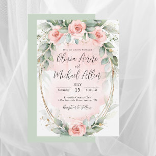 Invitation Aquarelle rose pâle Rose vert Mariage