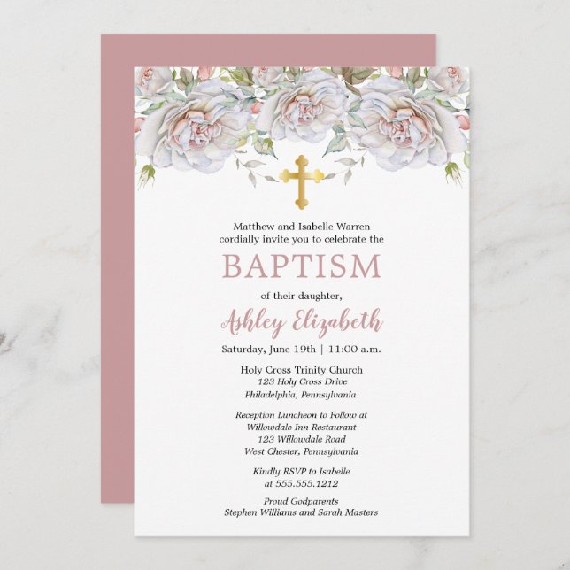 Invitation Aquarelle rose pâle Roses Baptême floral (Devant / Derrière)