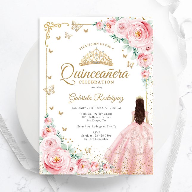 Invitation Aquarelle rose pâle Roses or Quinceanera (Créateur téléchargé)