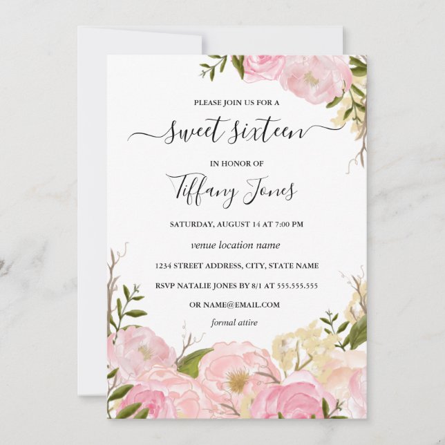 Invitation Aquarelle rose pâle Sweet sixteen Floral Invitatio (Devant)