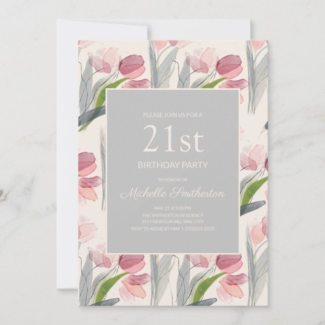 Invitation Aquarelle rose pâle Tulipes 21e anniversaire (Devant)