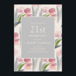 Invitation Aquarelle rose pâle Tulipes 21e anniversaire<br><div class="desc">Belle et élégante doucement muette rose pâle fleurs/tulipes sur une invitation à la fête du 21ème anniversaire de couleur crème et gris.</div>