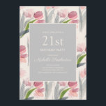 Invitation Aquarelle rose pâle Tulipes 21e anniversaire<br><div class="desc">Belle et élégante doucement muette rose pâle fleurs/tulipes sur une invitation à la fête du 21ème anniversaire de couleur crème et gris.</div>
