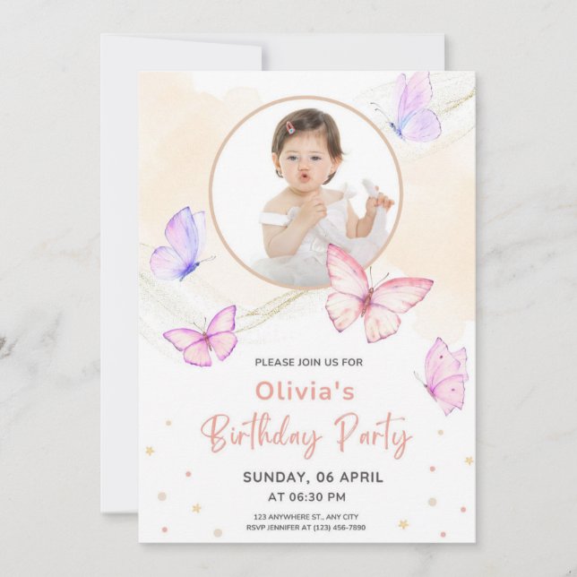 Invitation Aquarelle rose papillon Anniversaire (Devant)
