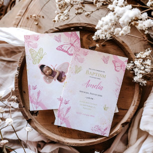 Invitation Aquarelle rose Papillon floral Photo Baptême