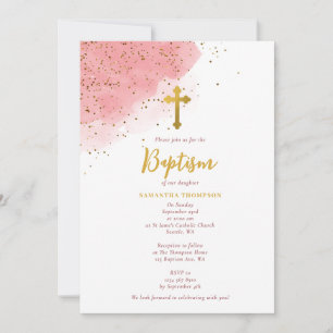 Invitation Aquarelle rose Parties scintillant Gold Cross Bapt