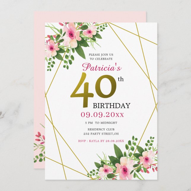 Invitation Aquarelle rose Parties scintillant or floral 40e a (Devant / Derrière)