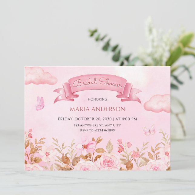 Invitation Aquarelle rose pastel jardin fleuri douche nuptial (Debout devant)