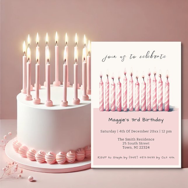 Invitation Aquarelle rose pastel mignonne aux bougies d'anniv (Créateur téléchargé)