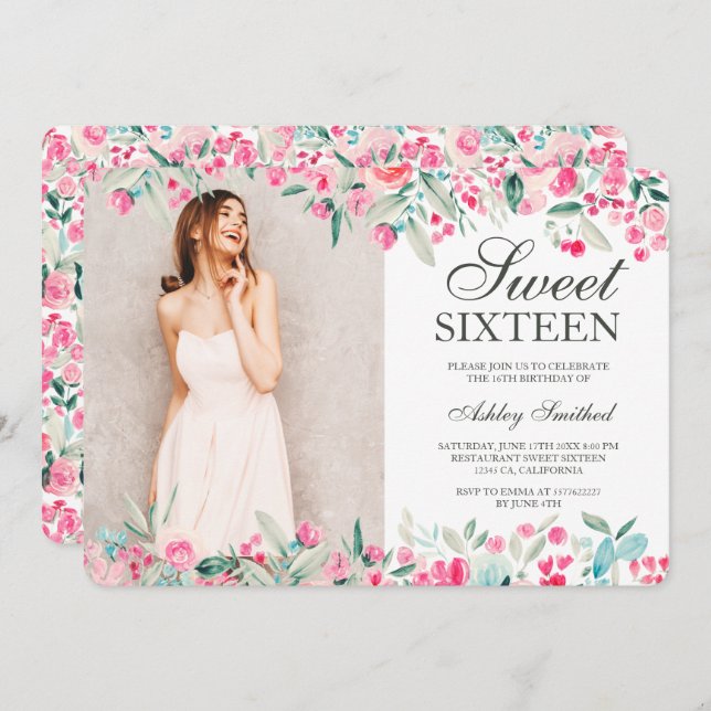 Invitation Aquarelle rose pastel vert-rose-vert-vert-vert-cou (Devant / Derrière)