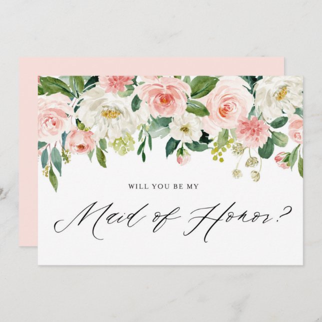 Invitation Aquarelle rose Pêche Florales Soyez ma femme d'hon (Devant / Derrière)