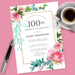 Invitation Aquarelle rose Peony Floral 100e anniversaire