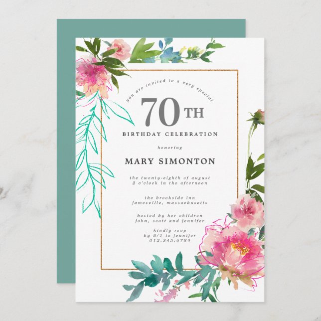Invitation Aquarelle rose Peony Floral 70e anniversaire (Devant / Derrière)
