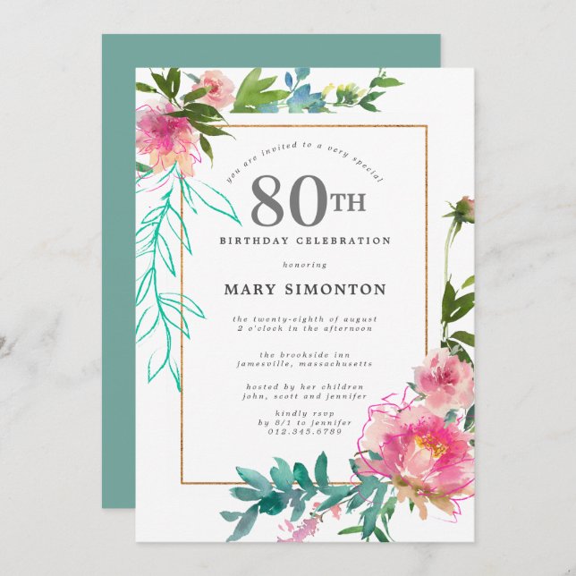 Invitation Aquarelle rose Peony Floral 80e anniversaire (Devant / Derrière)