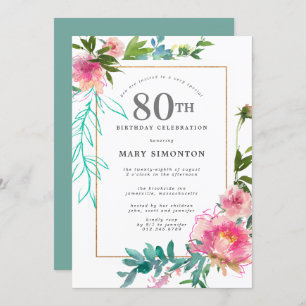 Invitation Aquarelle rose Peony Floral 80e anniversaire