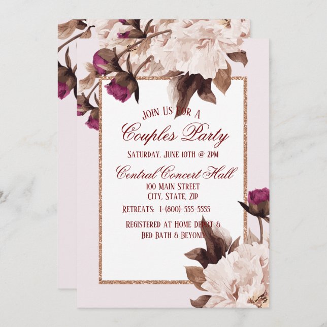 Invitation Aquarelle rose Peony Floral Couples Party (Devant / Derrière)