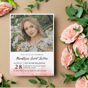 Invitation Aquarelle rose Photo Sweet 16